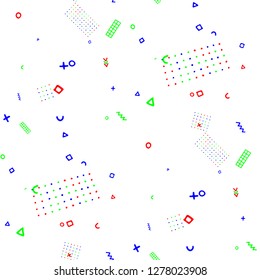 Vintage Memphis Pattern. Seamless Background for Wallpaper, Fabric, Swimwear in Trendy Style. Bright Geometric Pattern with Hand Drawn Scribble Elements. Colorful Triangles, Rings, Zigzags and Dots.