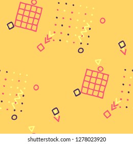 Vintage Memphis Pattern. Seamless Background for Chintz, Cotton, Swimwear in Trendy Style. Colorful Geometric Pattern with Hand Drawn Scribble Elements. Colorful Triangles, Rings, Zigzags and Dots.