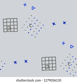 Vintage Memphis Pattern. Seamless Background for Wallpaper, Fabric, Cloth in Trendy Style. Bright Geometric Pattern with Hand Drawn Scribble Elements. Colorful Triangles, Rings, Zigzags and Dots.