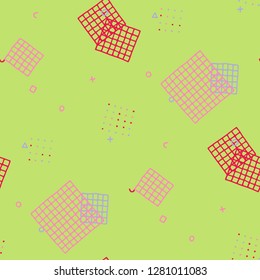 Vintage Memphis Pattern. Seamless Background for Banner, Poster, Cloth in Trendy Style. Colorful Geometric Pattern with Hand Drawn Scribble Elements. Colorful Triangles, Rings, Zigzags and Dots.