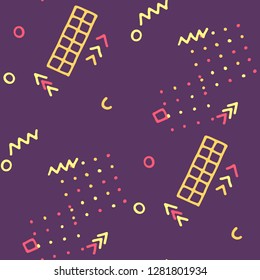 Vintage Memphis Pattern. Seamless Background for Card, Banner, Cover in Trendy Style. Bright Geometric Pattern with Hand Drawn Scribble Elements. Colorful Triangles, Rings, Zigzags and Dots.
