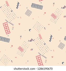 Vintage Memphis Pattern. Seamless Background for Wallpaper, Print, Textile in Trendy Style. Bright Geometric Pattern with Hand Drawn Scribble Elements. Colorful Triangles, Rings, Zigzags and Dots.
