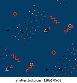 Vintage Memphis Pattern. Seamless Background for Banner, Poster, Cloth in Trendy Style. Bright Geometric Pattern with Hand Drawn Scribble Elements. Colorful Triangles, Rings, Zigzags and Dots.
