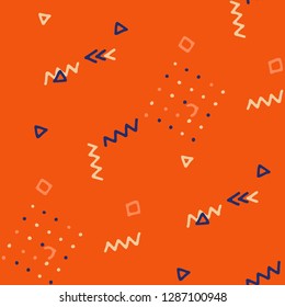 Vintage Memphis Pattern. Seamless Background for Wallpaper, Print, Textile in Trendy Style. Bright Geometric Pattern with Hand Drawn Scribble Elements. Colorful Triangles, Rings, Zigzags and Dots.