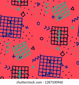 Vintage Memphis Pattern. Seamless Background for Banner, Fabric, Cloth in Trendy Style. Bright Geometric Pattern with Hand Drawn Scribble Elements. Colorful Triangles, Rings, Zigzags and Dots.