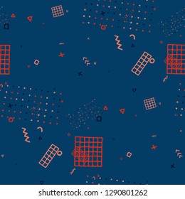 Vintage Memphis Pattern. Seamless Background for Card, Poster, Cover in Trendy Style. Colorful Geometric Pattern with Hand Drawn Scribble Elements. Colorful Triangles, Rings, Zigzags and Dots.