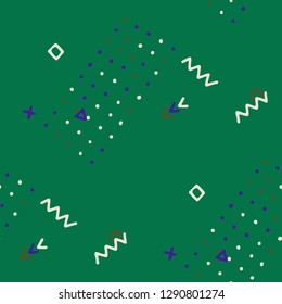 Vintage Memphis Pattern. Seamless Background for Card, Banner, Cover in Trendy Style. Bright Geometric Pattern with Hand Drawn Scribble Elements. Colorful Triangles, Rings, Zigzags and Dots.