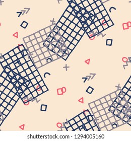 Vintage Memphis Pattern. Seamless Background for Card, Print, Textile in Trendy Style. Colorful Geometric Pattern with Hand Drawn Scribble Elements. Colorful Triangles, Rings, Zigzags and Dots.