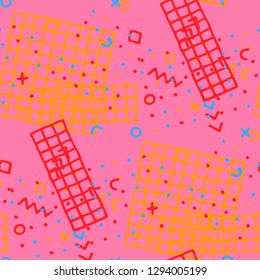 Vintage Memphis Pattern. Seamless Background for Card, Print, Textile in Trendy Style. Colorful Geometric Pattern with Hand Drawn Scribble Elements. Colorful Triangles, Rings, Zigzags and Dots.