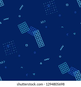 Vintage Memphis Pattern. Seamless Background for Banner, Poster, Cover in Trendy Style. Colorful Geometric Pattern with Hand Drawn Scribble Elements. Colorful Triangles, Rings, Zigzags and Dots.