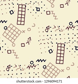 Vintage Memphis Pattern. Seamless Background for Wallpaper, Calico, Fabric in Trendy Style. Bright Geometric Pattern with Hand Drawn Scribble Elements. Colorful Triangles, Rings, Zigzags and Dots.