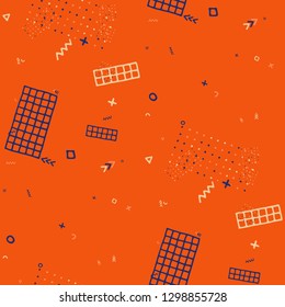 Vintage Memphis Pattern. Seamless Background for Banner, Fabric, Cloth in Trendy Style. Colorful Geometric Pattern with Hand Drawn Scribble Elements. Colorful Triangles, Rings, Zigzags and Dots.