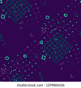 Vintage Memphis Pattern. Seamless Background for Wallpaper, Print, Textile in Trendy Style. Bright Geometric Pattern with Hand Drawn Scribble Elements. Colorful Triangles, Rings, Zigzags and Dots.
