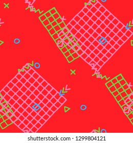 Vintage Memphis Pattern. Seamless Background for Banner, Poster, Cloth in Trendy Style. Colorful Geometric Pattern with Hand Drawn Scribble Elements. Colorful Triangles, Rings, Zigzags and Dots.