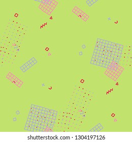 Vintage Memphis Pattern. Seamless Background for Banner, Poster, Cloth in Trendy Style. Colorful Geometric Pattern with Hand Drawn Scribble Elements. Colorful Triangles, Rings, Zigzags and Dots.