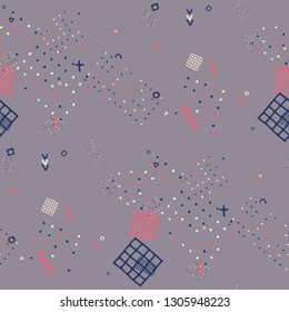 Vintage Memphis Pattern. Seamless Background for Chintz, Cotton, Fabric in Trendy Style. Bright Geometric Pattern with Hand Drawn Scribble Elements. Colorful Triangles, Rings, Zigzags and Dots.