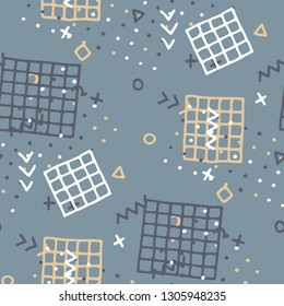 Vintage Memphis Pattern. Seamless Background for Card, Poster, Cover in Trendy Style. Colorful Geometric Pattern with Hand Drawn Scribble Elements. Colorful Triangles, Rings, Zigzags and Dots.
