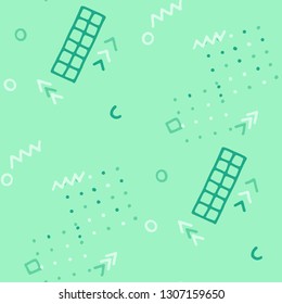 Vintage Memphis Pattern. Seamless Background for Card, Poster, Cover in Trendy Style. Bright Geometric Pattern with Hand Drawn Scribble Elements. Colorful Triangles, Rings, Zigzags and Dots.