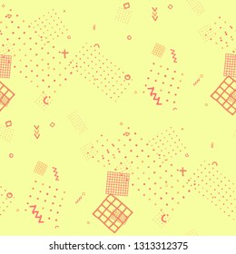 Vintage Memphis Pattern. Seamless Background for Wallpaper, Fabric, Cloth in Trendy Style. Colorful Geometric Pattern with Hand Drawn Scribble Elements. Colorful Triangles, Rings, Zigzags and Dots.