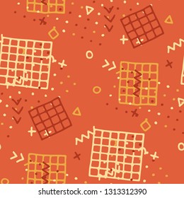 Vintage Memphis Pattern. Seamless Background for Card, Banner, Cover in Trendy Style. Colorful Geometric Pattern with Hand Drawn Scribble Elements. Colorful Triangles, Rings, Zigzags and Dots.