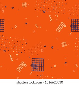 Vintage Memphis Pattern. Seamless Background for Banner, Poster, Cover in Trendy Style. Colorful Geometric Pattern with Hand Drawn Scribble Elements. Colorful Triangles, Rings, Zigzags and Dots.