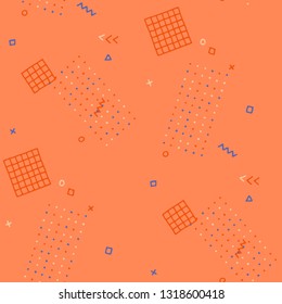 Vintage Memphis Pattern. Seamless Background for Chintz, Cotton, Fabric in Trendy Style. Bright Geometric Pattern with Hand Drawn Scribble Elements. Colorful Triangles, Rings, Zigzags and Dots.