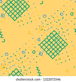 Vintage Memphis Pattern. Seamless Background for Wallpaper, Fabric, Swimwear in Trendy Style. Bright Geometric Pattern with Hand Drawn Scribble Elements. Colorful Triangles, Rings, Zigzags and Dots.