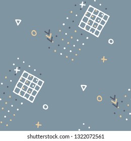 Vintage Memphis Pattern. Seamless Background for Card, Print, Textile in Trendy Style. Colorful Geometric Pattern with Hand Drawn Scribble Elements. Colorful Triangles, Rings, Zigzags and Dots.