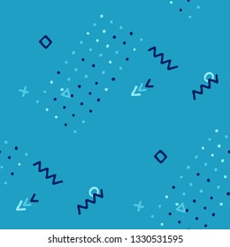 Vintage Memphis Pattern. Seamless Background for Wallpaper, Fabric, Swimwear in Trendy Style. Colorful Geometric Pattern with Hand Drawn Scribble Elements. Colorful Triangles, Rings, Zigzags and Dots.