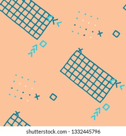Vintage Memphis Pattern. Seamless Background for Banner, Poster, Cloth in Trendy Style. Colorful Geometric Pattern with Hand Drawn Scribble Elements. Colorful Triangles, Rings, Zigzags and Dots.