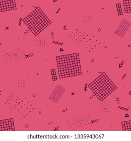 Vintage Memphis Pattern. Seamless Background for Banner, Poster, Cover in Trendy Style. Bright Geometric Pattern with Hand Drawn Scribble Elements. Colorful Triangles, Rings, Zigzags and Dots.