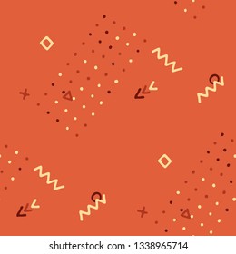 Vintage Memphis Pattern. Seamless Background for Card, Poster, Cover in Trendy Style. Colorful Geometric Pattern with Hand Drawn Scribble Elements. Colorful Triangles, Rings, Zigzags and Dots.