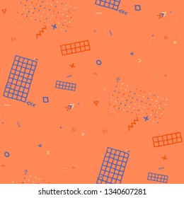Vintage Memphis Pattern. Seamless Background for Chintz, Cotton, Swimwear in Trendy Style. Bright Geometric Pattern with Hand Drawn Scribble Elements. Colorful Triangles, Rings, Zigzags and Dots.
