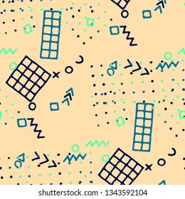 Vintage Memphis Pattern. Seamless Background for Card, Print, Textile in Trendy Style. Colorful Geometric Pattern with Hand Drawn Scribble Elements. Colorful Triangles, Rings, Zigzags and Dots.