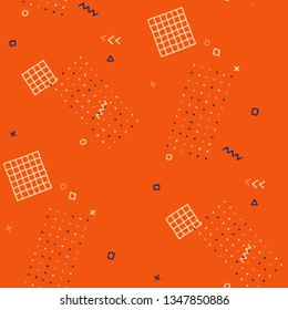 Vintage Memphis Pattern. Seamless Background for Chintz, Cotton, Fabric in Trendy Style. Bright Geometric Pattern with Hand Drawn Scribble Elements. Colorful Triangles, Rings, Zigzags and Dots.