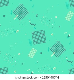 Vintage Memphis Pattern. Seamless Background for Wallpaper, Fabric, Swimwear in Trendy Style. Bright Geometric Pattern with Hand Drawn Scribble Elements. Colorful Triangles, Rings, Zigzags and Dots.