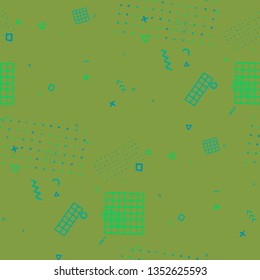 Vintage Memphis Pattern. Seamless Background for Wallpaper, Cotton, Swimwear in Trendy Style. Colorful Geometric Pattern with Hand Drawn Scribble Elements. Colorful Triangles, Rings, Zigzags and Dots.