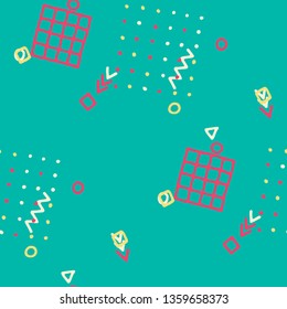 Vintage Memphis Pattern. Seamless Background for Banner, Poster, Cover in Trendy Style. Bright Geometric Pattern with Hand Drawn Scribble Elements. Colorful Triangles, Rings, Zigzags and Dots.