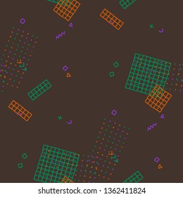 Vintage Memphis Pattern. Seamless Background for Wallpaper, Cotton, Swimwear in Trendy Style. Colorful Geometric Pattern with Hand Drawn Scribble Elements. Colorful Triangles, Rings, Zigzags and Dots.