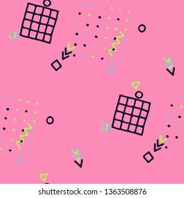Vintage Memphis Pattern. Seamless Background for Banner, Poster, Cover in Trendy Style. Bright Geometric Pattern with Hand Drawn Scribble Elements. Colorful Triangles, Rings, Zigzags and Dots.