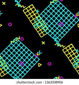 Vintage Memphis Pattern. Seamless Background for Wallpaper, Calico, Fabric in Trendy Style. Bright Geometric Pattern with Hand Drawn Scribble Elements. Colorful Triangles, Rings, Zigzags and Dots.