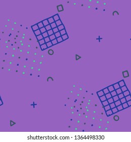 Vintage Memphis Pattern. Seamless Background for Banner, Poster, Cloth in Trendy Style. Colorful Geometric Pattern with Hand Drawn Scribble Elements. Colorful Triangles, Rings, Zigzags and Dots.