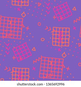 Vintage Memphis Pattern. Seamless Background for Chintz, Calico, Fabric in Trendy Style. Bright Geometric Pattern with Hand Drawn Scribble Elements. Colorful Triangles, Rings, Zigzags and Dots.