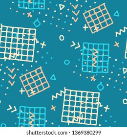 Vintage Memphis Pattern. Seamless Background for Wallpaper, Calico, Fabric in Trendy Style. Colorful Geometric Pattern with Hand Drawn Scribble Elements. Colorful Triangles, Rings, Zigzags and Dots.