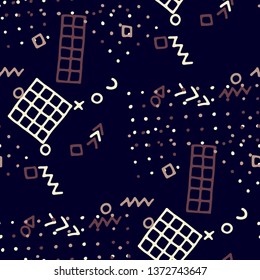 Vintage Memphis Pattern. Seamless Background for Card, Print, Textile in Trendy Style. Colorful Geometric Pattern with Hand Drawn Scribble Elements. Colorful Triangles, Rings, Zigzags and Dots.