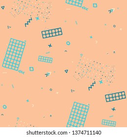 Vintage Memphis Pattern. Seamless Background for Wallpaper, Calico, Textile in Trendy Style. Bright Geometric Pattern with Hand Drawn Scribble Elements. Colorful Triangles, Rings, Zigzags and Dots.