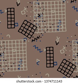 Vintage Memphis Pattern. Seamless Background for Wallpaper, Calico, Fabric in Trendy Style. Colorful Geometric Pattern with Hand Drawn Scribble Elements. Colorful Triangles, Rings, Zigzags and Dots.