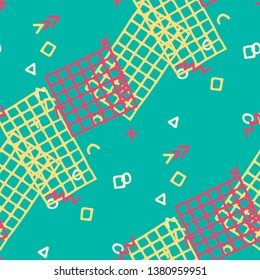 Vintage Memphis Pattern. Seamless Background for Wallpaper, Calico, Textile in Trendy Style. Colorful Geometric Pattern with Hand Drawn Scribble Elements. Colorful Triangles, Rings, Zigzags and Dots.