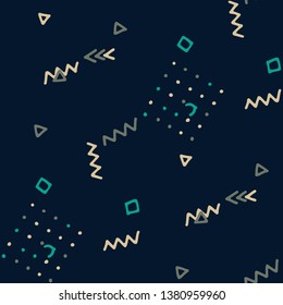 Vintage Memphis Pattern. Seamless Background for Chintz, Calico, Fabric in Trendy Style. Bright Geometric Pattern with Hand Drawn Scribble Elements. Colorful Triangles, Rings, Zigzags and Dots.