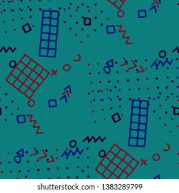 Vintage Memphis Pattern. Seamless Background for Banner, Fabric, Cloth in Trendy Style. Colorful Geometric Pattern with Hand Drawn Scribble Elements. Colorful Triangles, Rings, Zigzags and Dots.